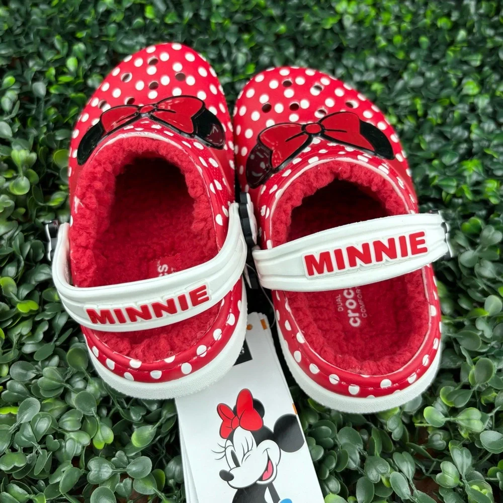 CROCS CLASSIC LINED DISNEY RED POLKA DOT MINNIE BOW SANDALS SIZE 9 KIDS - Picture 3 of 8